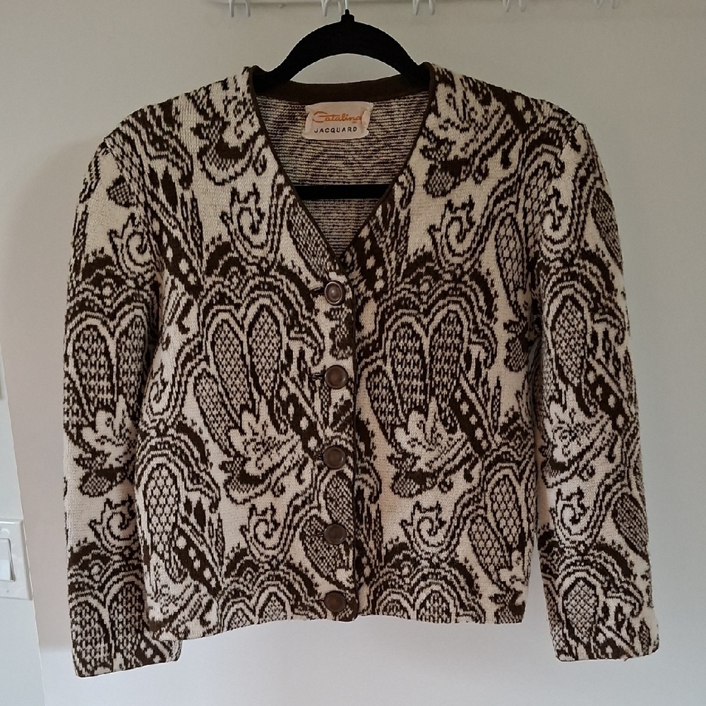 Catalina Women's Vintage Jacquard/Paisley Brown & Cream Cardigan (Size S)